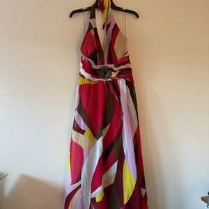 Donna Morgan Silk Halter Maxi Dress Multicolor Geometric Print Size 12
